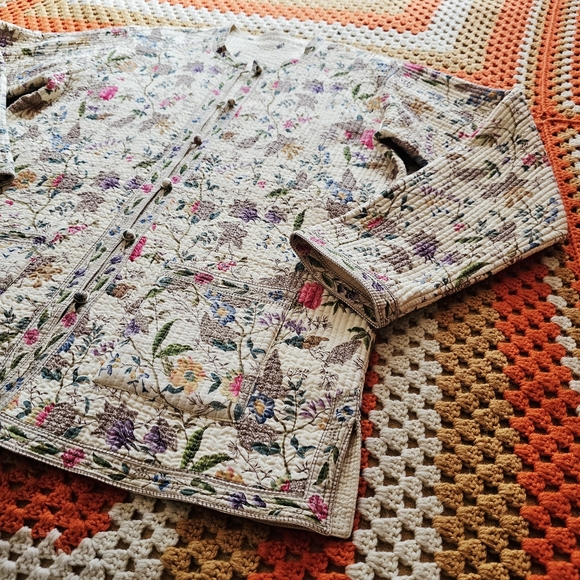 Vintage Reversible Quilted Floral Cream Off-White Light Asian Tang Style Jacket - Picture 7 of 16